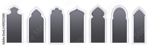 Islamic or arabic windows, doors, arched portals of oriental muslim mosque, castle or palace. Ramadan Eid frames, interior or exterior architecture arches design elements, Realistic 3d vector set