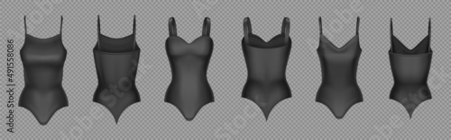 Swimwear mockup, black female bathing clothes, beach wear front and back view. Women swimsuit fashion model design, isolated objects transparent background Realistic 3d vector icons, mock up, clip art