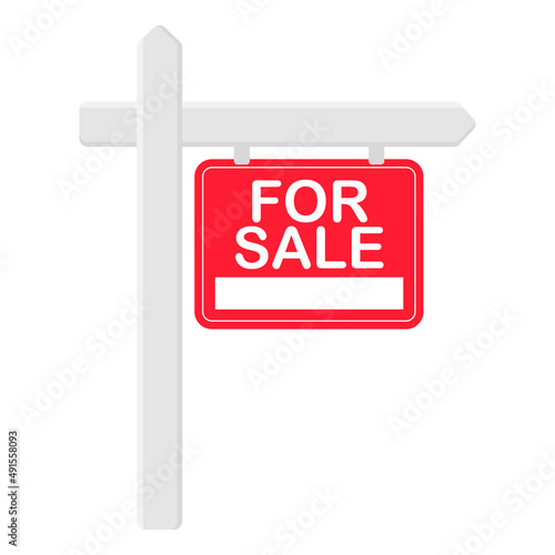 Home for sale sign. Wooden stand with information board. Isolated vector illustration.