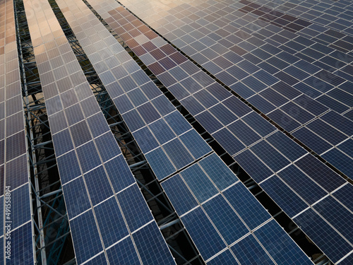 Looking down at solar panels in the twilight