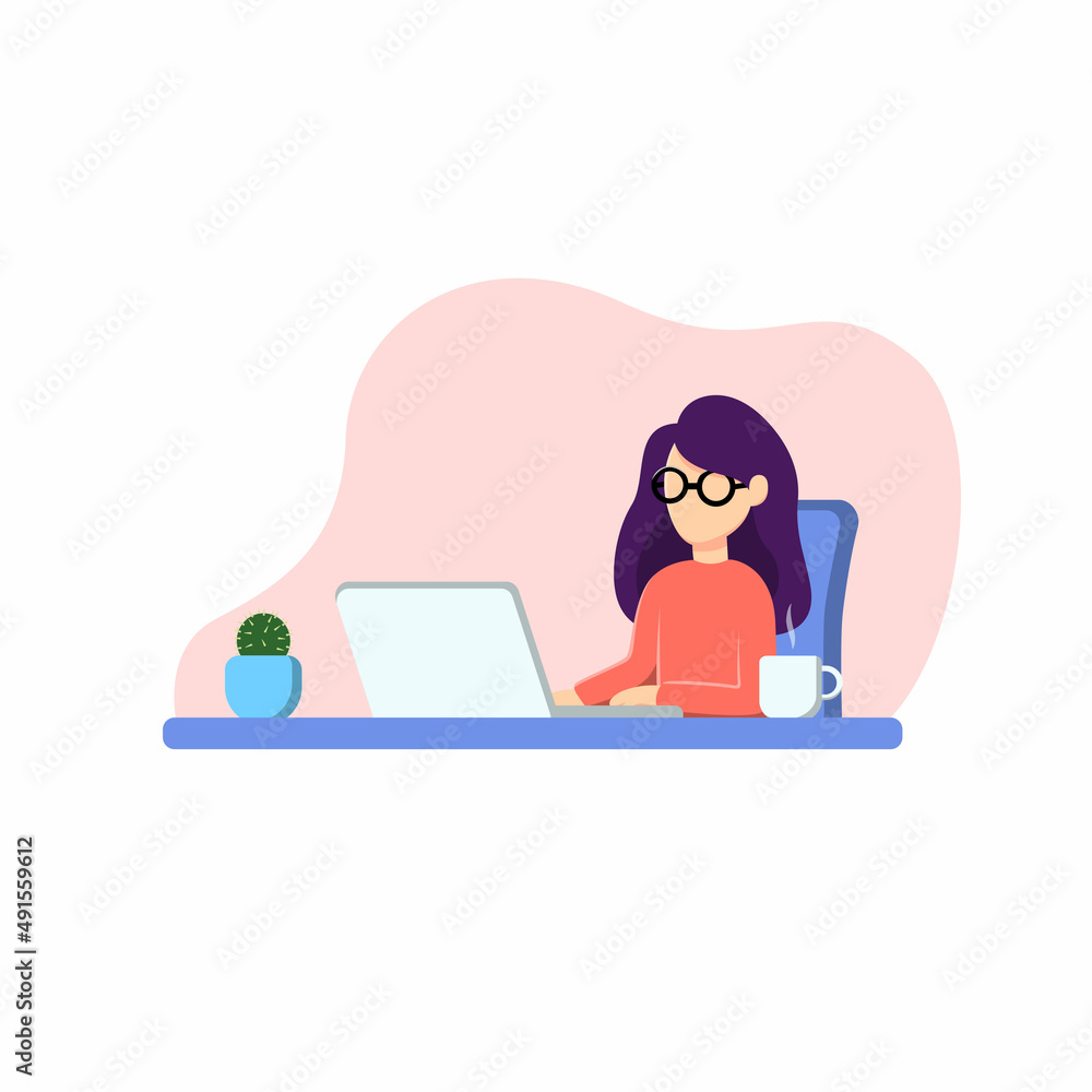 Illustration of woman working with computer. Flat design Illustration of woman working with computer. Flat design