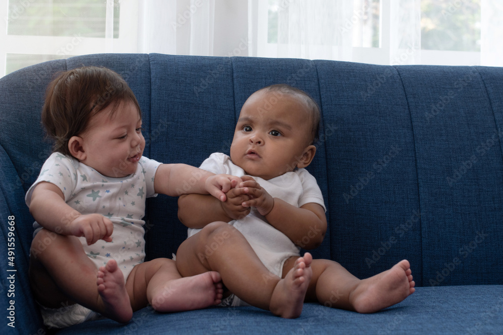 Two happy different skin color baby 4-5 months old sitting on blue couch, and interact, look at each other and playing together Two happy different skin color baby 4-5 months old sitting on blue couch, and interact, look at each other and playing together