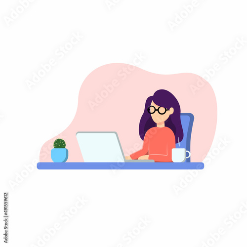 Illustration of woman working with computer. Flat design