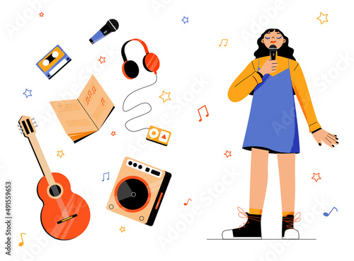 Music and singing hobby concept. Young girl sing with microphone and musical items around. Karaoke entertainment, vocalist classes learning or recreational amusement. Line art flat vector illustration