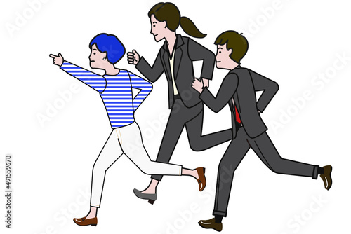 キャリアやチームワークをイメージさせる走る3人の働く人のイラスト