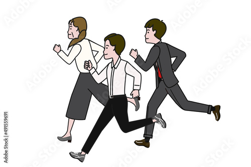 キャリアやチームワークをイメージさせる走る3人の働く人のイラスト