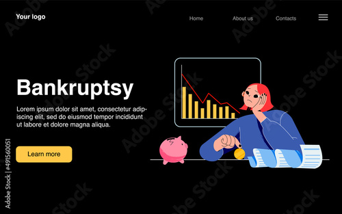 Bankruptcy banner with depressed woman loss money. Concept of crisis, financial problems, company debt and credit. Vector landing page in night mode with flat illustration of sad bankrupt person