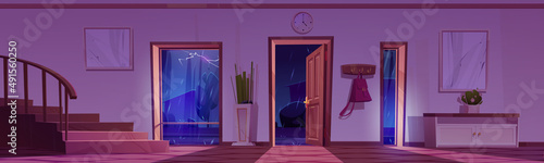 House hallway interior with storm, night rainy weather view through open doors. Home entrance with stairs, furniture and wooden floor. Apartment background with doorways, Cartoon vector illustration