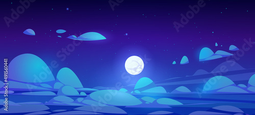 Fototapeta Naklejka Na Ścianę i Meble -  Night sky above clouds with full moon and stars on blue background. Vector cartoon illustration of fluffy cloudy panorama in moonlight. Peaceful atmosphere landscape at midnight
