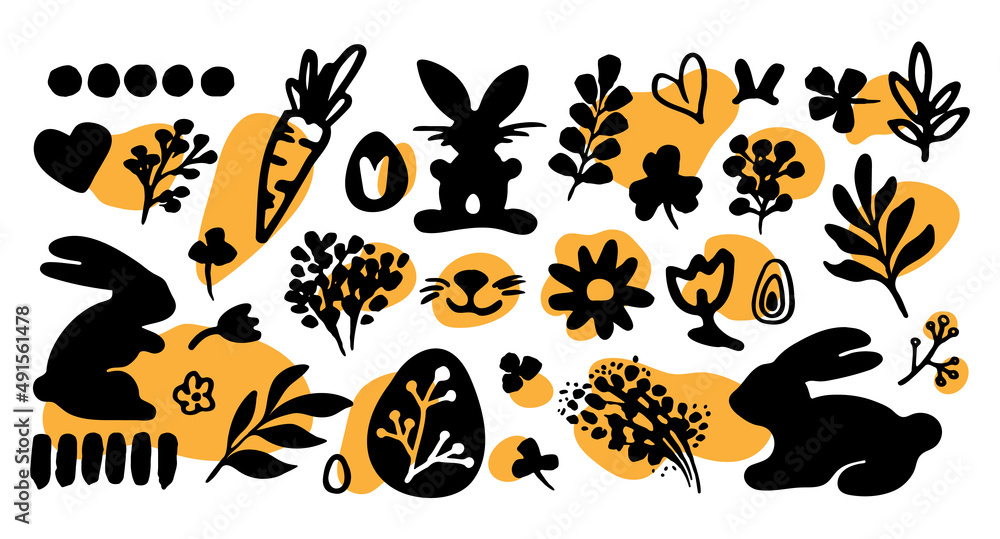 Vector Easter doodle set with cute bunnies, chickens, flowers and eggs ...