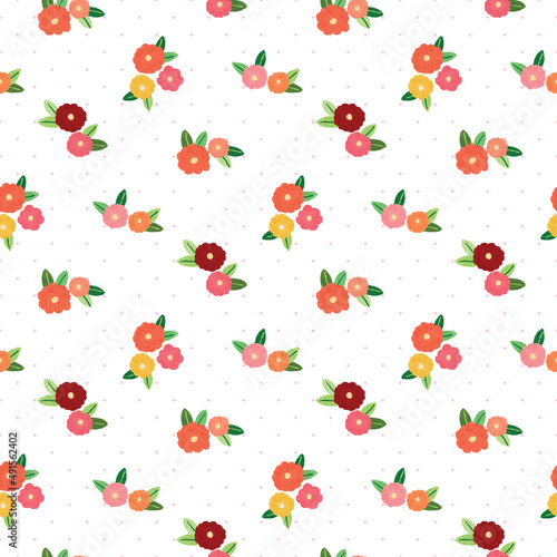 Seamless Pattern of Hand Drawn Flower Art Design on White Background with Pink Dots