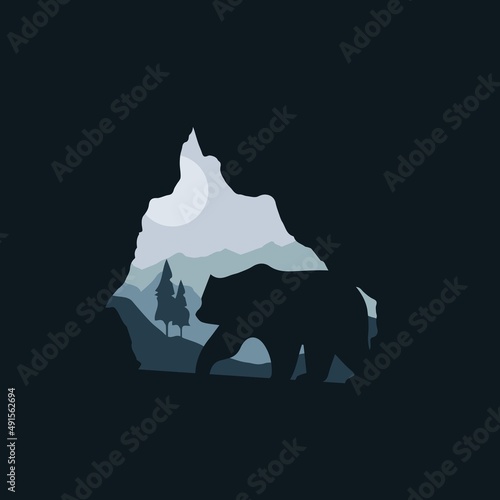Outdoor Survival wild adventure cave bear logo, animal wildlife forest mountain, camping logo vector badge emblem design