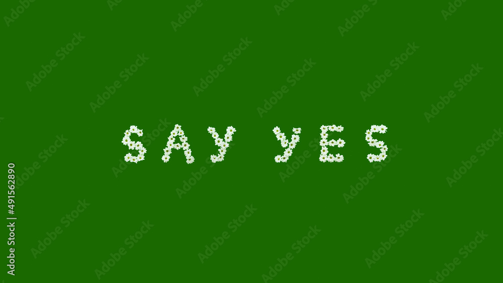 Words SAY YES made from flowers on green background. Minimal optimistic concept. - obrazy, fototapety, plakaty 