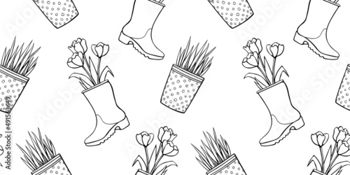 Vector seamless pattern of flower pots with decorative grass, plant, tulips in rubber rain boots. Cute spring summer texture in cartoon doodle style, isolated. Home, garden decoration theme