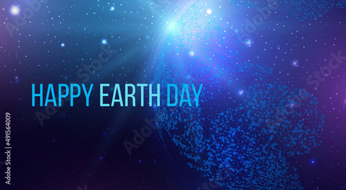 Happy Earth Day concept. Futuristic modern abstract planet on blue background. Vector illustration