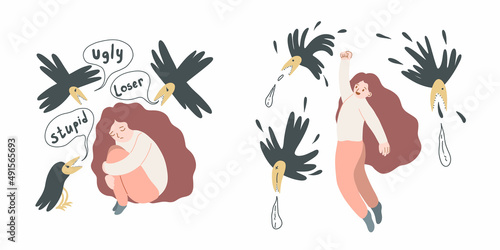 Bullying, humiliation, insults. Psychological help, overcoming, solution of the problem. Healing from complexes and shame. Victory over yourself. Young female person. Vector illustration on a white