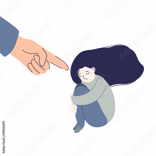 Child bullying and shame. Condemnation and guilt. Guilty victim. Points a finger at a sad depressed woman. Vector cartoon illustration isolated on white background.