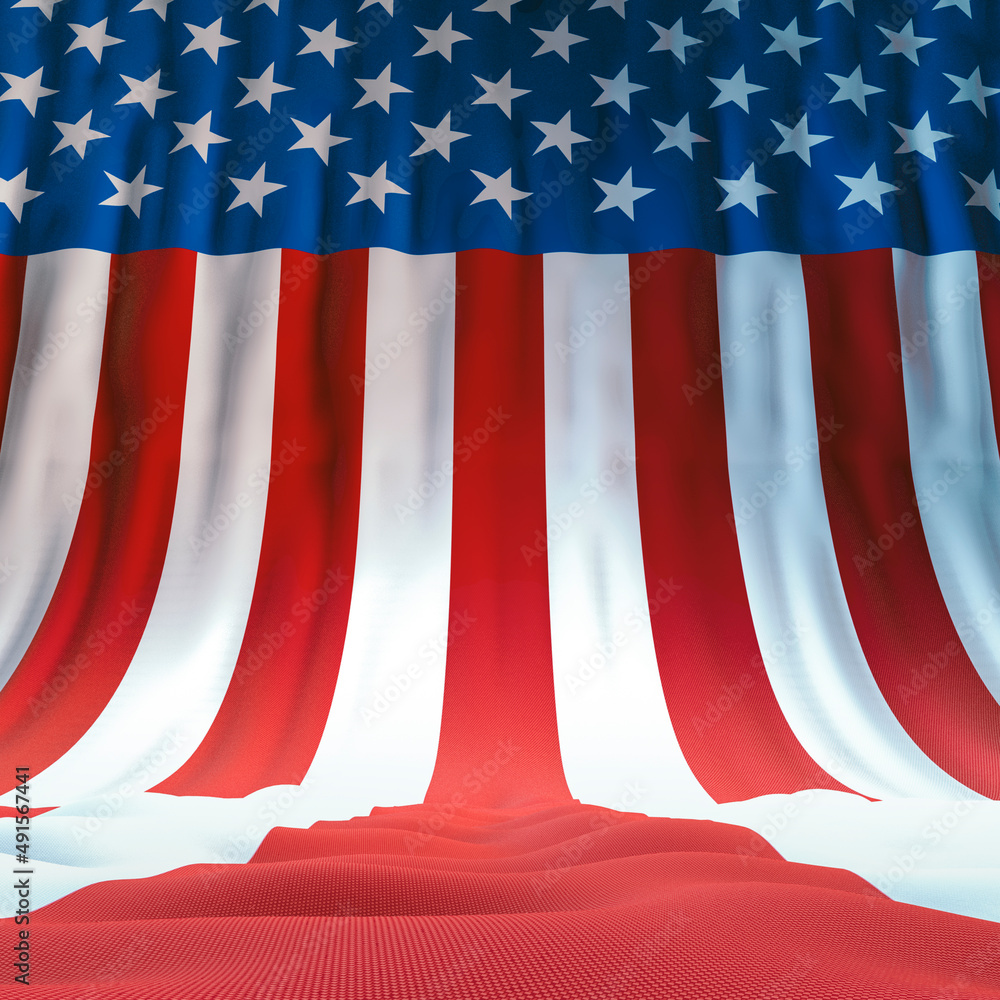 USA flag stage backdrop 3D illustration of huge flowing stars and