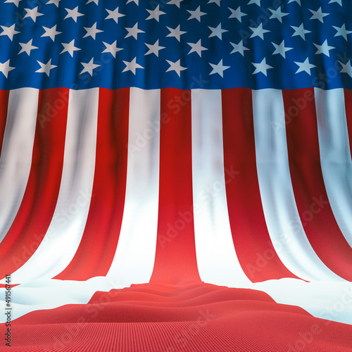 USA flag stage backdrop - 3D illustration of huge flowing stars and stripes cloth background