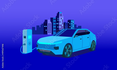 Fototapeta Naklejka Na Ścianę i Meble -  The future of intelligent electric vehicles Parked at charging station with power socket, flat vector illustration on blue background