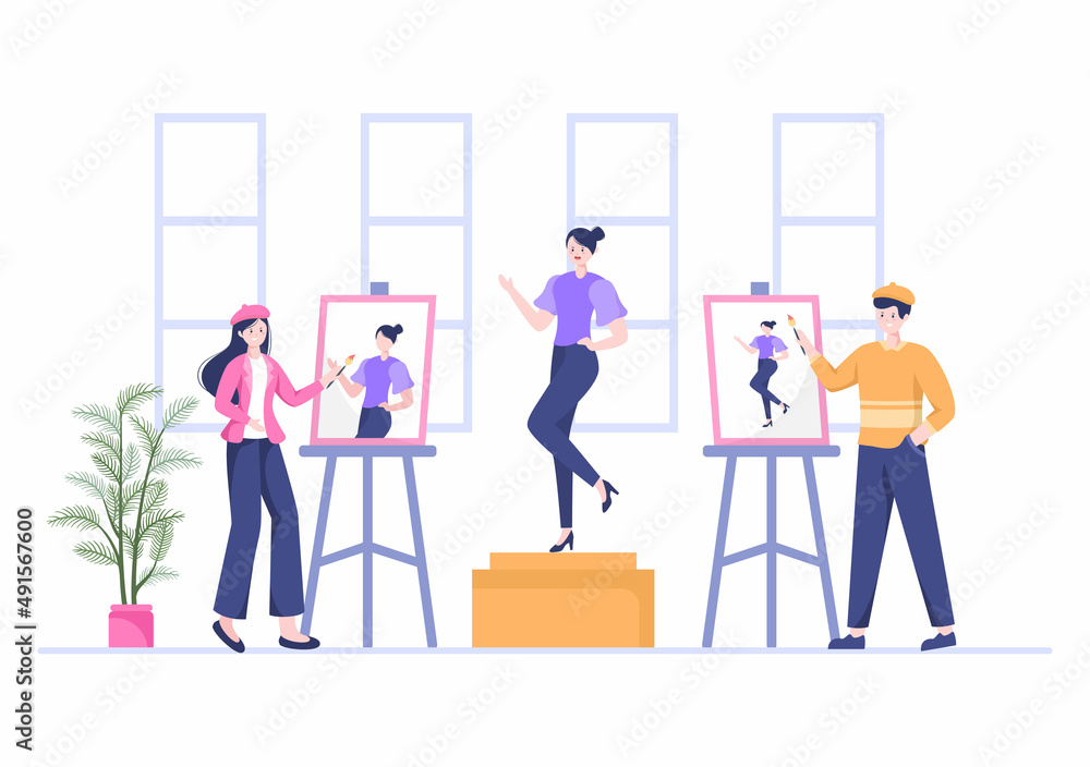 Painting Girl Model Sitting on Chair Posing to Paints using Easel, Canvas, Brushes and Watercolor for Poster or Workshops Designs in Flat Illustration Painting Girl Model Sitting on Chair Posing to Paints using Easel, Canvas, Brushes and Watercolor for Poster or Workshops Designs in Flat Illustration