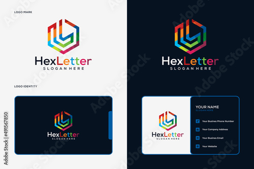 Colorful hexagonal letter l logo and business card template