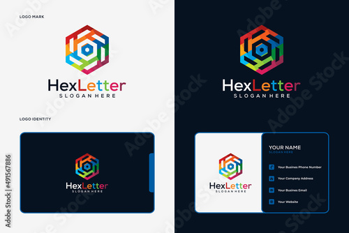 Colorful hexagonal letter o logo and business card template