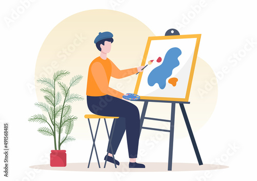 Painting Flat Illustration with Someone who Paints using Easel, Canvas, Brushes and Watercolor for Poster or Workshops Designs