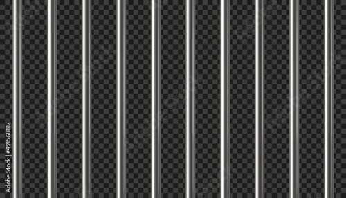 Realistic prison metal bars. Prison fence. Jail grates. Iron jail cage. Metal rods. Criminal grid background. Vector pattern. Illustration isolated on dark transparent background.
