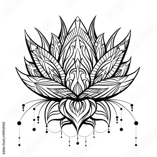 Vector boho lotus with ornate decorations and beads. Delicate water flower with tribal ornament. Natural sacred symbol for spa and yoga. Contour lily for logo, coloring page and banner
