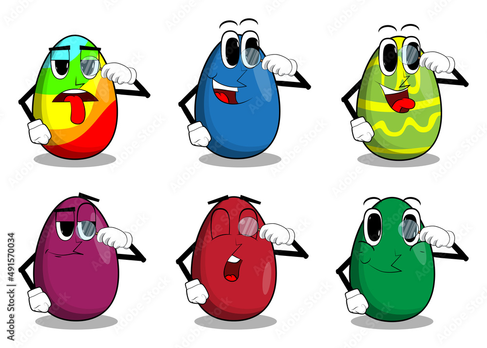 Fototapeta premium Easter Egg holding a magnifying glass. Cartoon character with funny face for the Easter holiday.