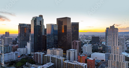 Los Angeles skyline and skyscrapers. Downtown Los Angeles aerial view, business centre of the city, downtown cityscape skyline at sunset.