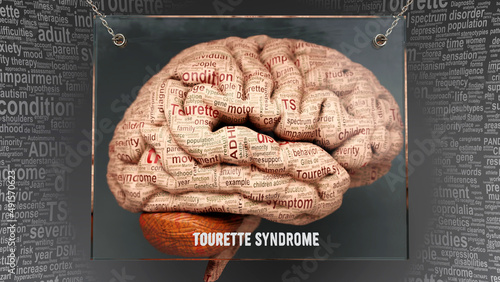 Tourette syndrome anatomy - its causes and effects projected on a human brain revealing Tourette syndrome complexity and relation to human mind. Concept art, 3d illustration photo