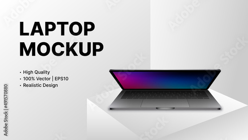 Half closed Realistic Laptop with blank Screen. Digital Product Mockup on White Background. Vector illustration