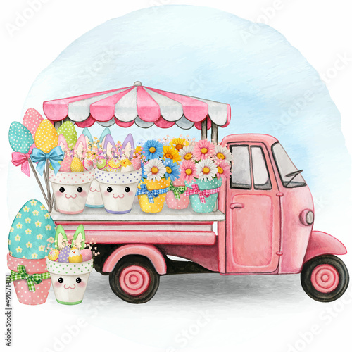 Watercolor easter floral market truck