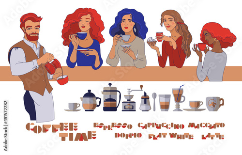 Barista and young women with a cup of coffee. Vector.