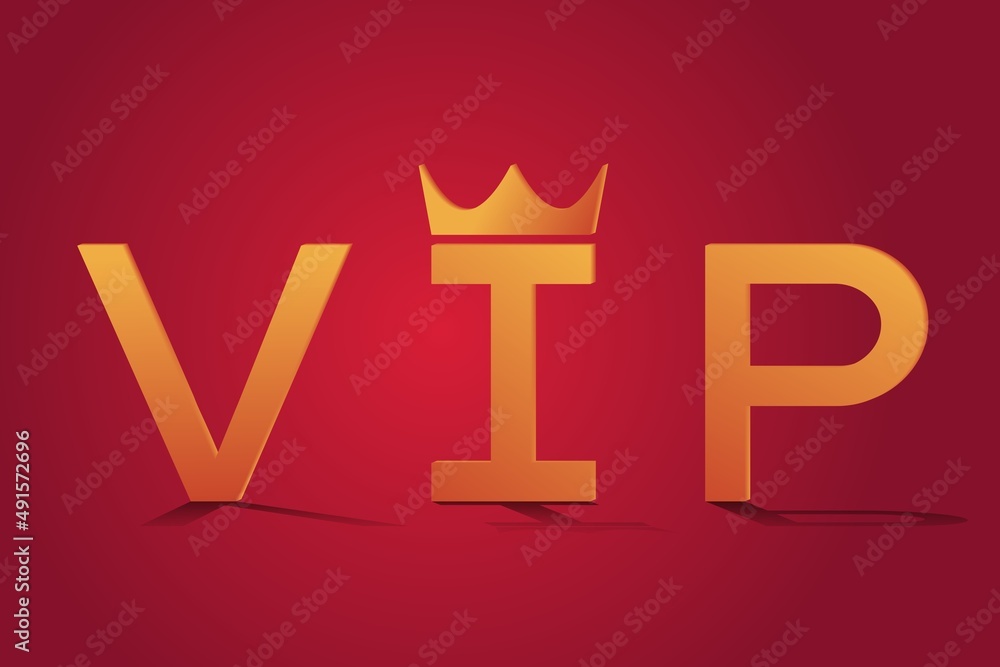 Fototapeta premium Gold letters letters V I P with shadow isolated on red background. Royal crown. A graphic three-dimensional illustration symbolizing wealth, success and high status.