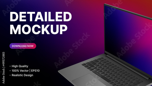 Detailed Laptop Model Side View. Gradient Banner Template. Vector illustration