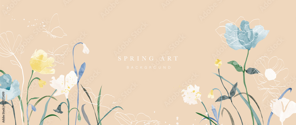 Spring season on warm background. Hand drawn floral and insect wallpaper with flowers, foliage, leaf, butterfly. Blossom art with watercolor texture design for banner, cover, decoration, poster. - obrazy, fototapety, plakaty 