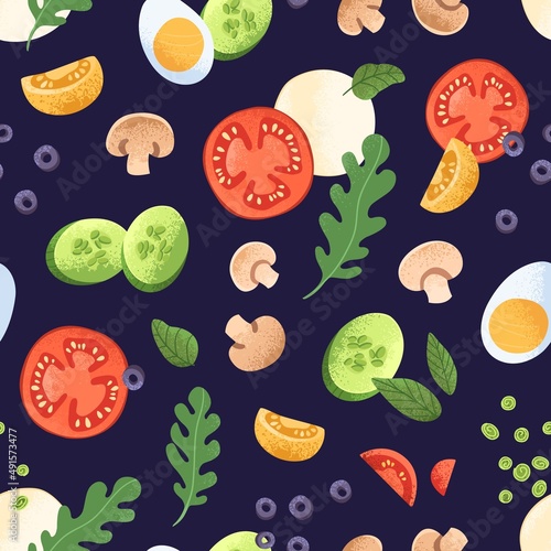 Seamless food pattern with healthy fresh ingredients. Endless background with vegetable slices, tomatoes, cucumbers, egg pieces, Italian greens, cheese and mushrooms. Flat vector illustration