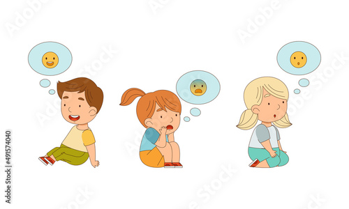 Adorable boy and girls sitting on floor expressing different emotions cartoon vector illustration