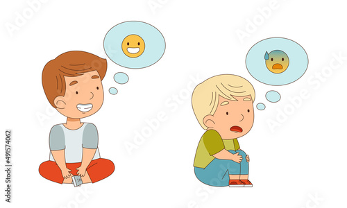 Adorable little boys sitting on floor expressing different emotions cartoon vector illustration