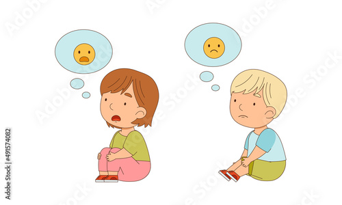 Cute little boy and girl sitting on floor expressing different emotions cartoon vector illustration