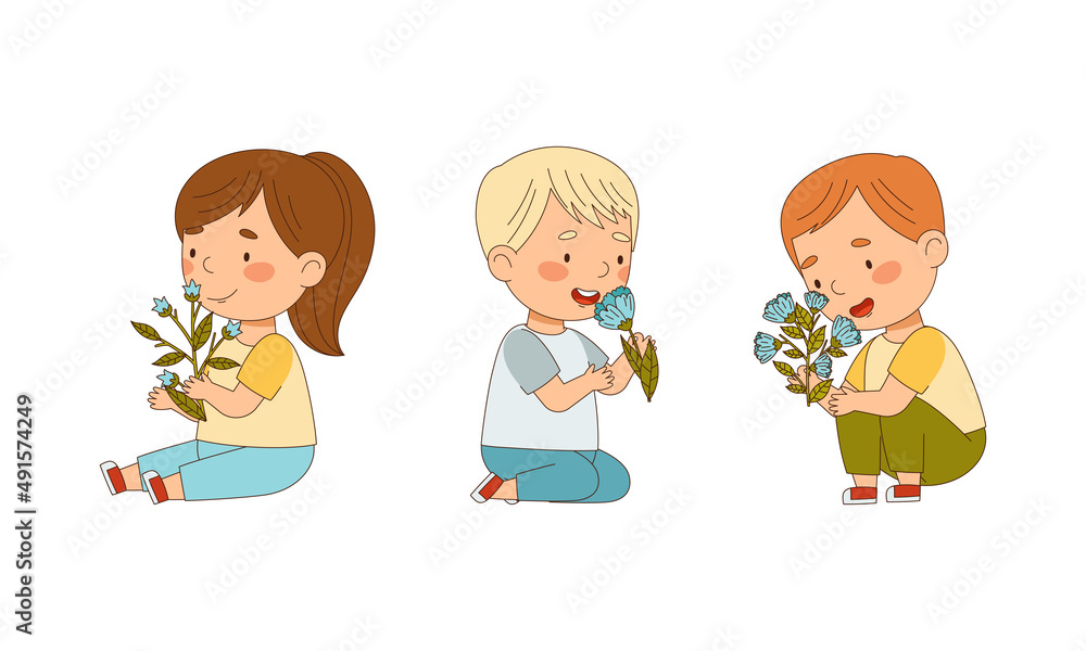 Happy adorable kids sitting on floor holding spring flower and smelling aroma cartoon vector illustration Happy adorable kids sitting on floor holding spring flower and smelling aroma cartoon vector illustration