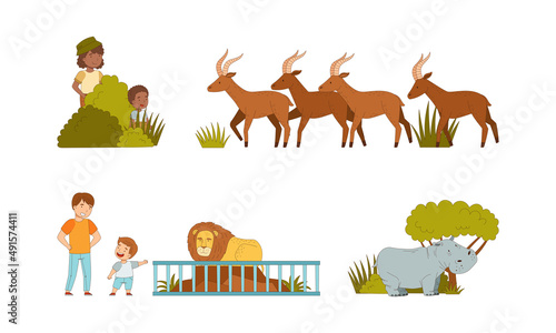 Family on safari tour. Parents and children visiting tropical national park watching antelope  lion and rhino cartoon vector illustration