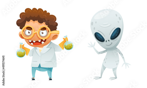 Cute funny Halloween characters set. Mad scientist and alien cartoon vector illustration