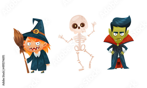 Cute funny Halloween characters set. Witch, dracula and skeleton cartoon vector illustration