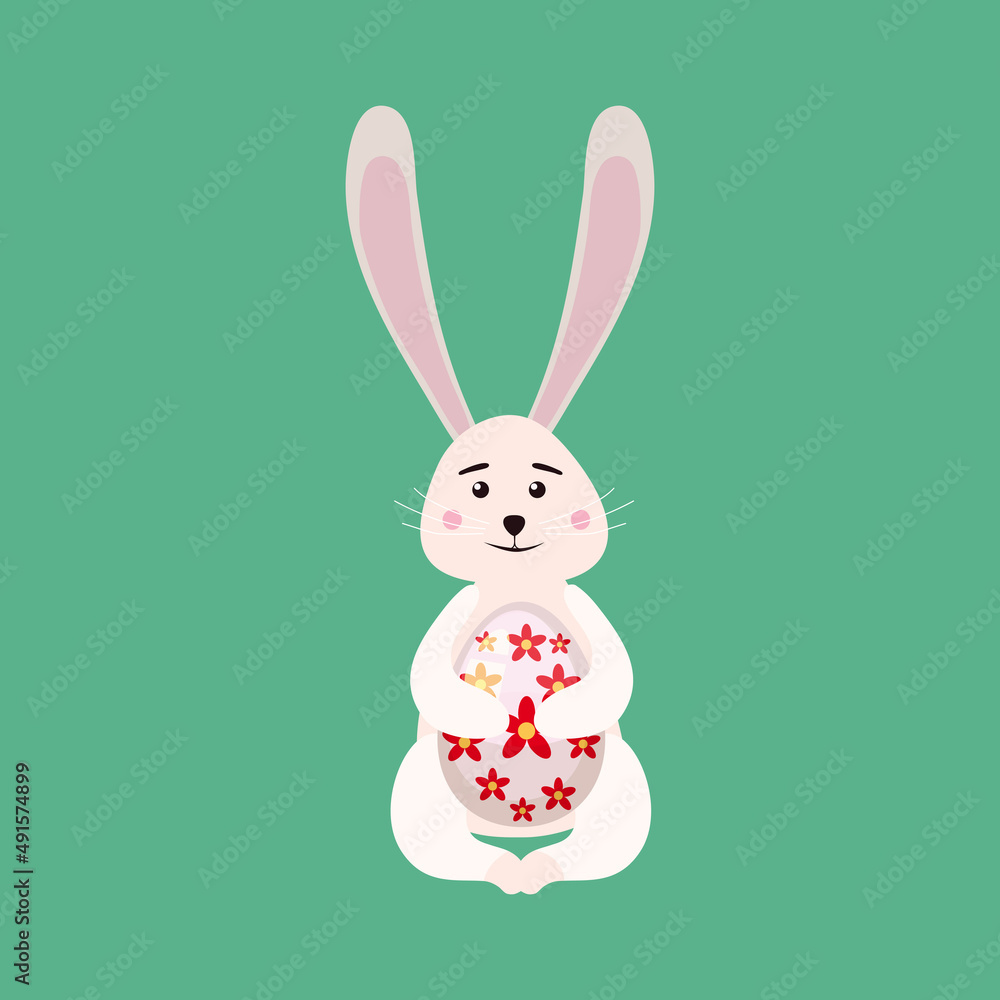 Fototapeta premium Cute Bunny Easter holding egg. Cartoon funny Easter Rabbit, illustration