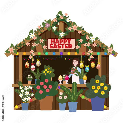 Easter Market wooden stall decorated flowers, tent, kiosk. Seller, spring flowers