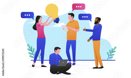Innovation teamwork - Team of business people having idea workshop holding lightbulb and having discussion. Flat design vector illustration with white background